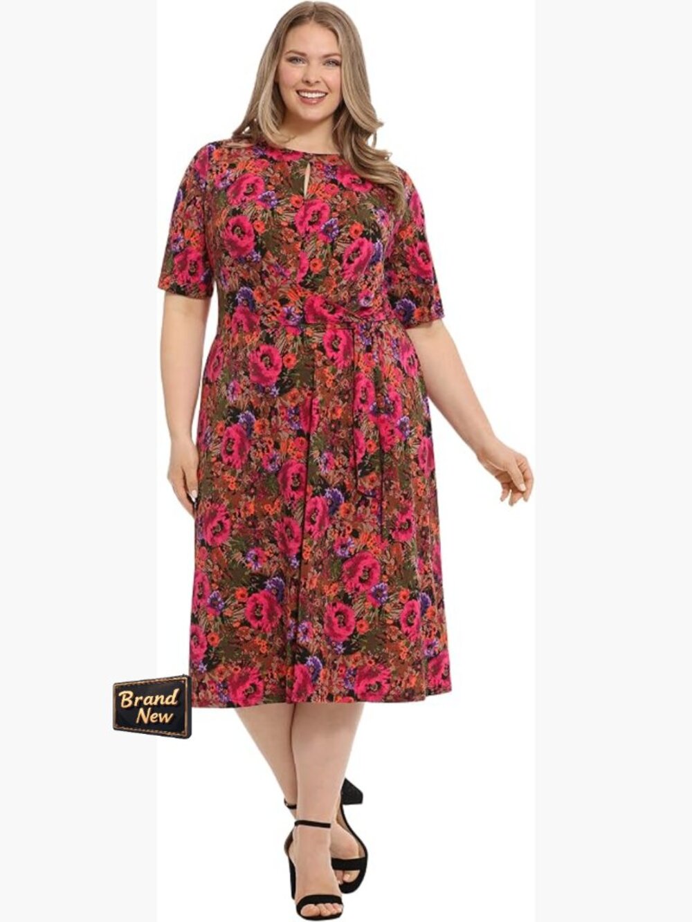 Plus Size Fit & Flare Dress Elbow Sleeve Floral Midi